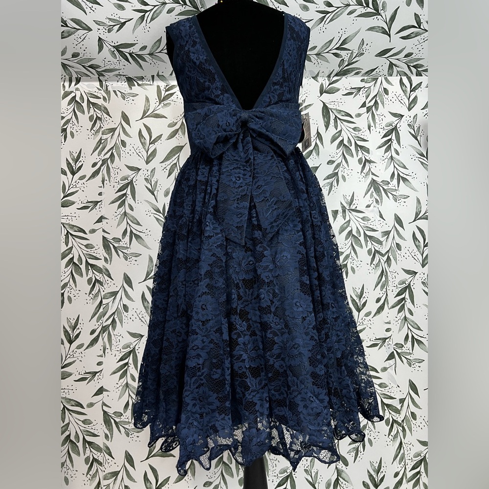 Bridesmaid Prom Evening Size S 4 Navy Blue Midi Lace Dress Retro Vintage #C NWT